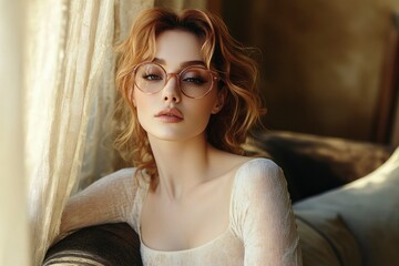 Wall Mural - Close-up Portrait of a Woman with Red Hair Wearing Glasses