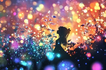 Canvas Print - Silhouette of a girl in a magical field of colorful lights