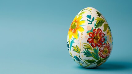 A single hand-painted Easter egg with floral patterns on a sky blue background