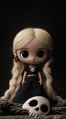 Poster - A doll with long blonde hair sitting next to a skull