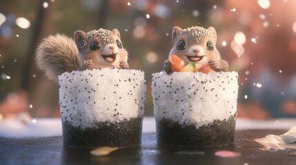 Canvas Print - A couple of squirrels sitting on top of sushi