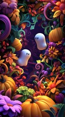 Wall Mural - Two ghosts in a garden of flowers and pumpkins