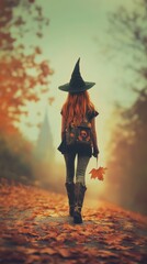 Wall Mural - A woman in a witches hat walking down a path