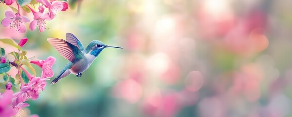 Wall Mural - hummingbird collecting nectar against a blurred pastel background Generative AI