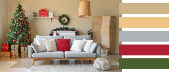 Interior of living room with Christmas tree, presents and sofa