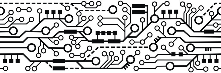 Printed circuit board for electronic devices.Black white horizontal banner with abstract electronic circuit.Geometric seamless border.Vector graphic design,background.Artificial intelligence concept.