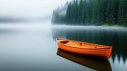 Canvas Print - A small boat is floating on a calm lake in the morning, AI