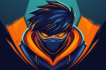 Sticker - Masked Gamer Avatar with Orange Hoodie and Glowing Eyes, Esports Logo Design