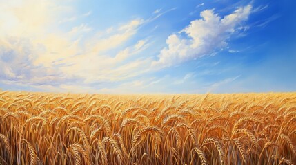 Golden Wheat Field Under a Blue Sky with Fluffy Clouds