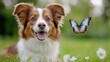 © starush - A dog with a butterfly on its nose in the grass, AI