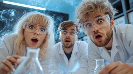 Wall Mural - Three people in lab coats looking at something with smoke coming out of it, AI