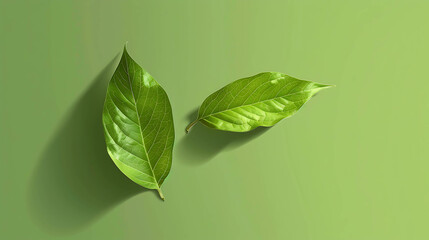 Wall Mural - Two green leaves lay on a green background.