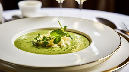 Wall Mural - Pea cream soup in a restaurant, English countryside exquisite cuisine menu, culinary art food and fine dining experience