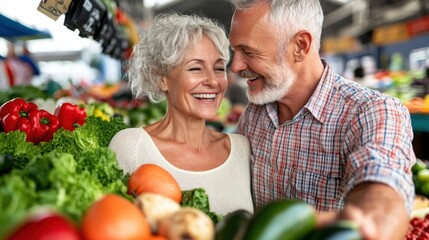 Wall Mural - A man and woman smiling at each other while shopping for vegetables, AI