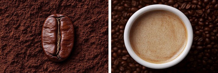 Aromatic Coffee Background Coffee Bean And Cup, Close-Up View Of Delicious Coffee Crema And Beans.