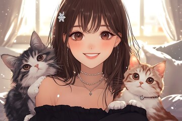 Anime Girl with Two Cute Cats