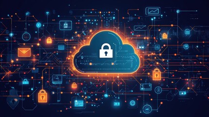 Cloud Security Concept with Lock and Data Connections