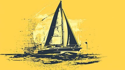 A vintage style illustration of a sailboat on a yellow background with a grunge texture.