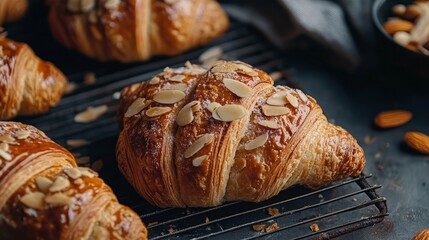 Delectable croissants with almonds on a metal grate
