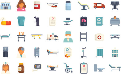 Poster - This set of icons shows the many different aspects of hospital medical treatment and healthcare