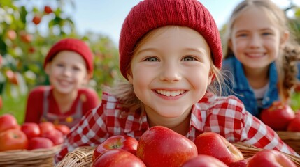 Sticker - A group of three children smiling while holding baskets full of apples, AI