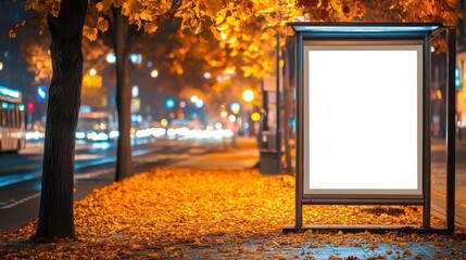 Empty Billboard Surrounded by Autumn Leaves and Lights