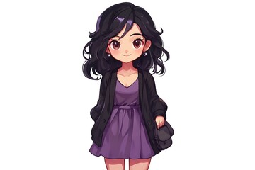 Wall Mural - Cute anime girl with black hair and purple dress, isolated on white background