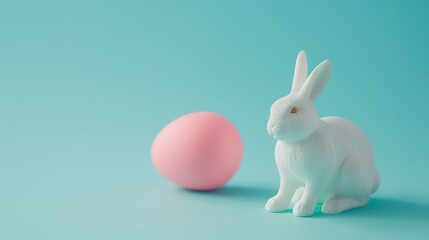 A small white bunny figurine sitting next to a pastel-colored egg on a light blue background