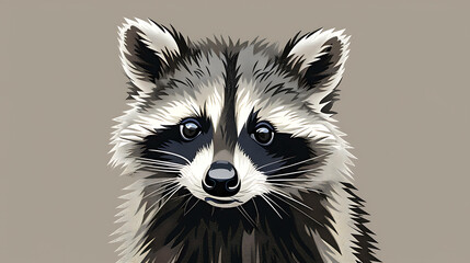 Wall Mural - Cute raccoon portrait with big eyes on a gray background.