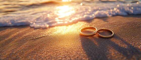 Two Elegant Golden Wedding Rings on Sandy Beach at Sunset, Symbolizing Love and Commitment.