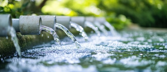 close-up view of multiple water pipes releasing clean, fresh water into a large pool.