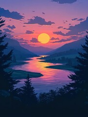 Wall Mural - Sunset over a winding river with mountains and a yellow sun in the sky