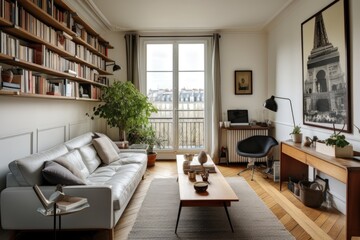 Poster - Charming modern apartment interior in Paris featuring a cozy living room with large windows and stylish decor overlooking the city skyline