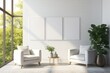 © Lazylizard - A minimal living room featuring a blank white canvas wall mockup, two cozy armchairs, and a small table with potted plants, illuminated by natural light from large windows