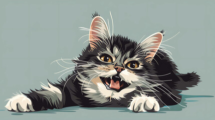 Wall Mural - A playful kitten with black and white fur is laying down and looking at the camera with its mouth open. It is a vector illustration.