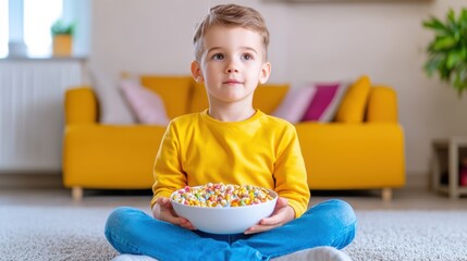 Wall Mural - A little boy sitting on the floor with a bowl of cereal, AI