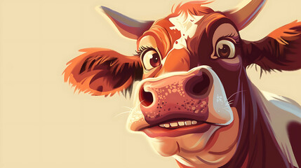 Wall Mural - A cartoon cow with big brown eyes looks up with a surprised expression.