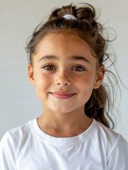 a young girl with a white shirt smiles at the camera