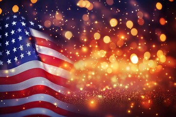 This display features a beautifully detailed American flag set against a backdrop of softly blurred lights, capturing the spirit of patriotism and celebration, ideal for various designs.