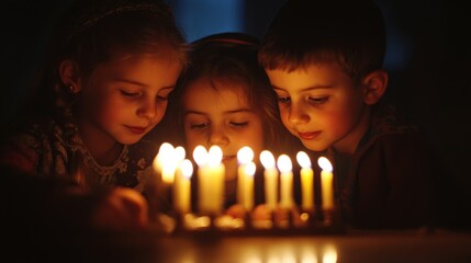 Three Children Gazing at Lit Candles on a Menorah