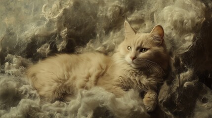 A fluffy cream-colored cat resting comfortably in a cozy bed of soft wool fibers indoors on a serene afternoon