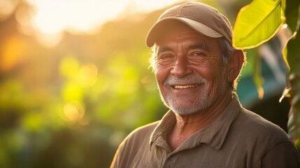 Portrait of a Smiling Farmer in Nature at Sunset