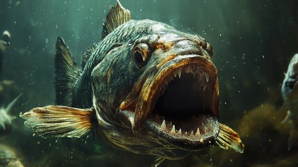 Canvas Print - Close Up of a Fish with Sharp Teeth Underwater