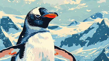 Wall Mural - A penguin looking up with a snowy mountain range in the background.