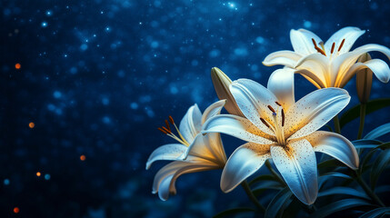 Wall Mural - Lily flower on the background of blue starry sky, night flower, shining lights