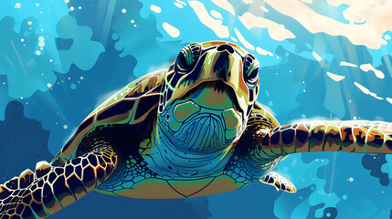 Poster - A colorful illustration of a sea turtle swimming underwater.