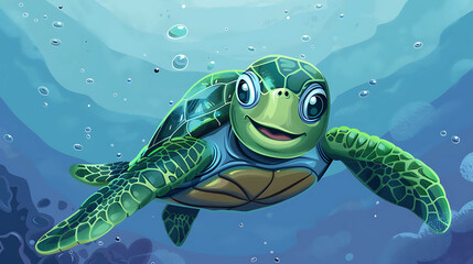 Wall Mural - Smiling sea turtle swims in blue ocean water with bubbles.