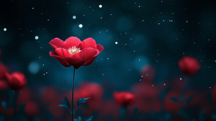 Poster - Flowers red poppy on the background of blue starry sky, night flower, shining lights