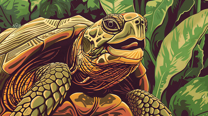 Sticker - A close up illustration of a turtle in a tropical setting.