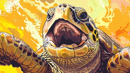 Sticker - Close-up of a sea turtle's head with its mouth open, against an abstract yellow background.